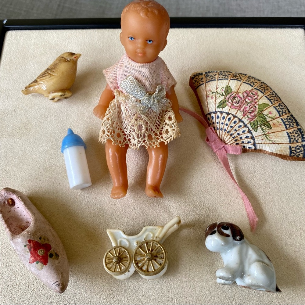 Set of Vintage Mini Dollhouse Doll, Doggy, Bird, and Accessories